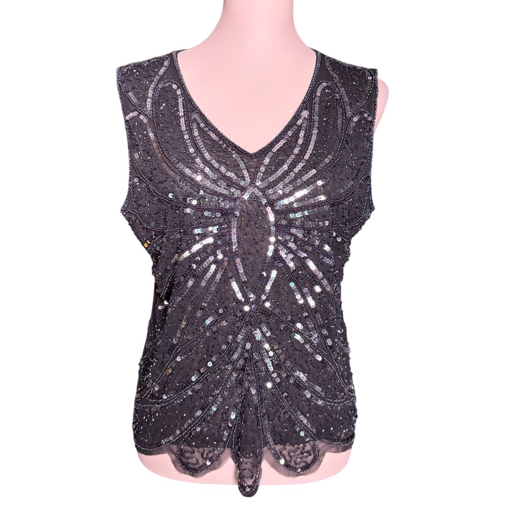 SM Collection Black Beaded Sequin Butterfly Mesh‎ Top V-Neck Sleeveless Large